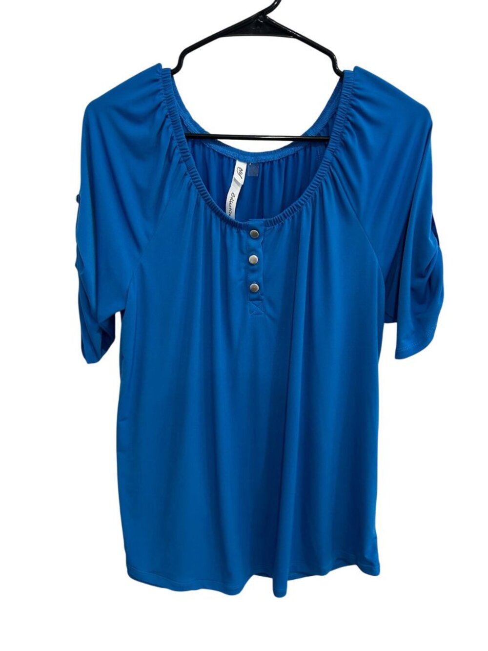 NY Collection Blue Roll Tab Short-Sleeve Elastic Neck Button Top Boho Minimalist